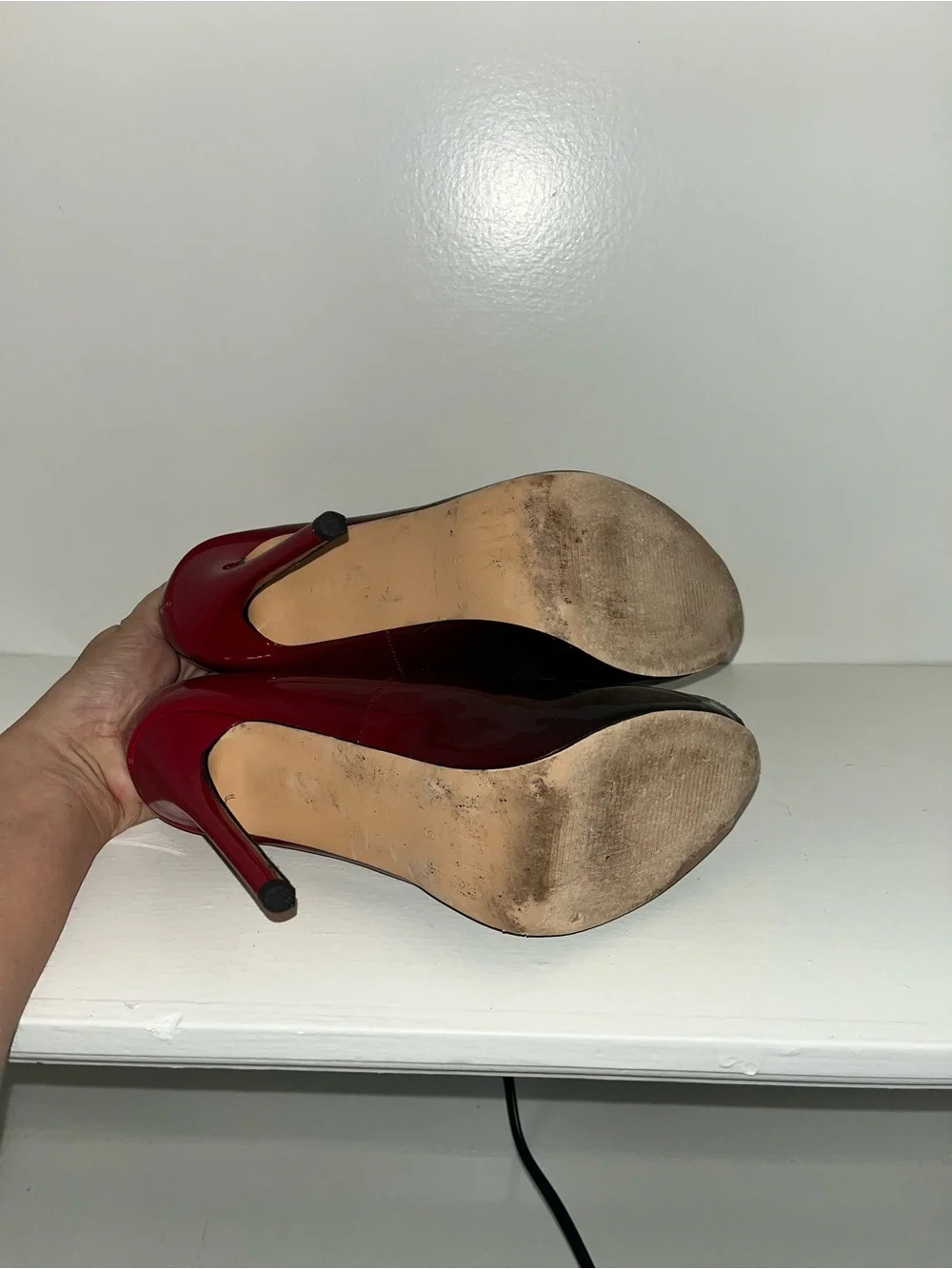 Red and black ombré covered platform peep toe pumps